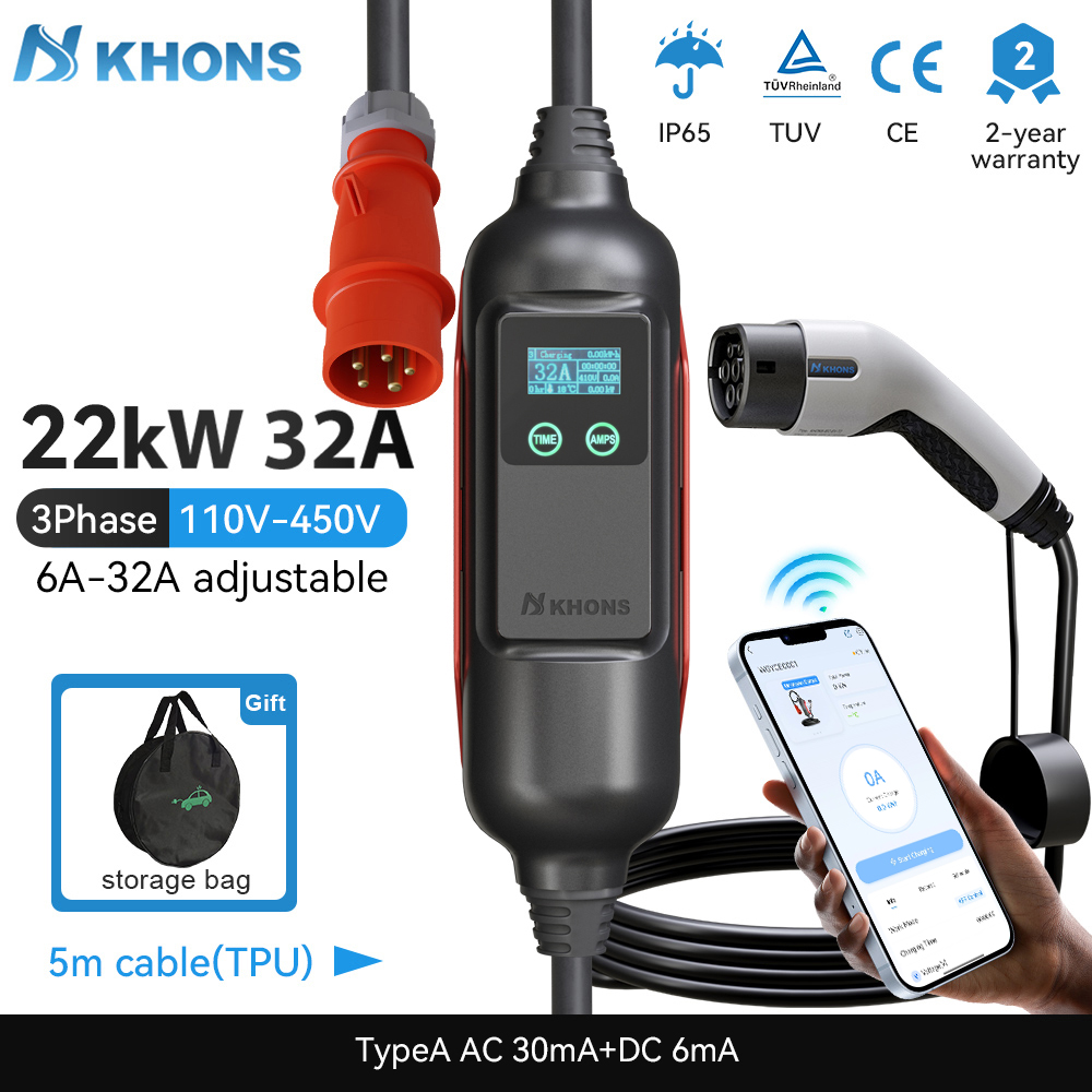 Portable Ev Charger 32A Type 2 Cee Plug - Khons Draagbare EV-oplader Type2 32A 22KW